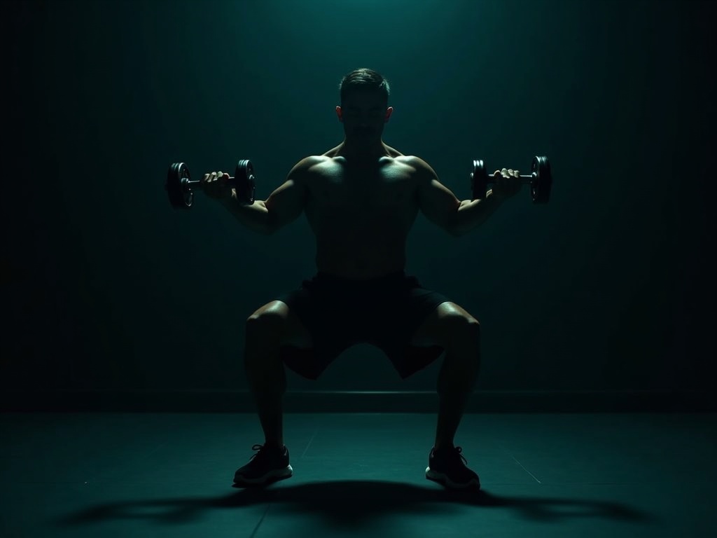 An athlete performing a rear-foot-elevated split squat with dumbbells in a dark gym