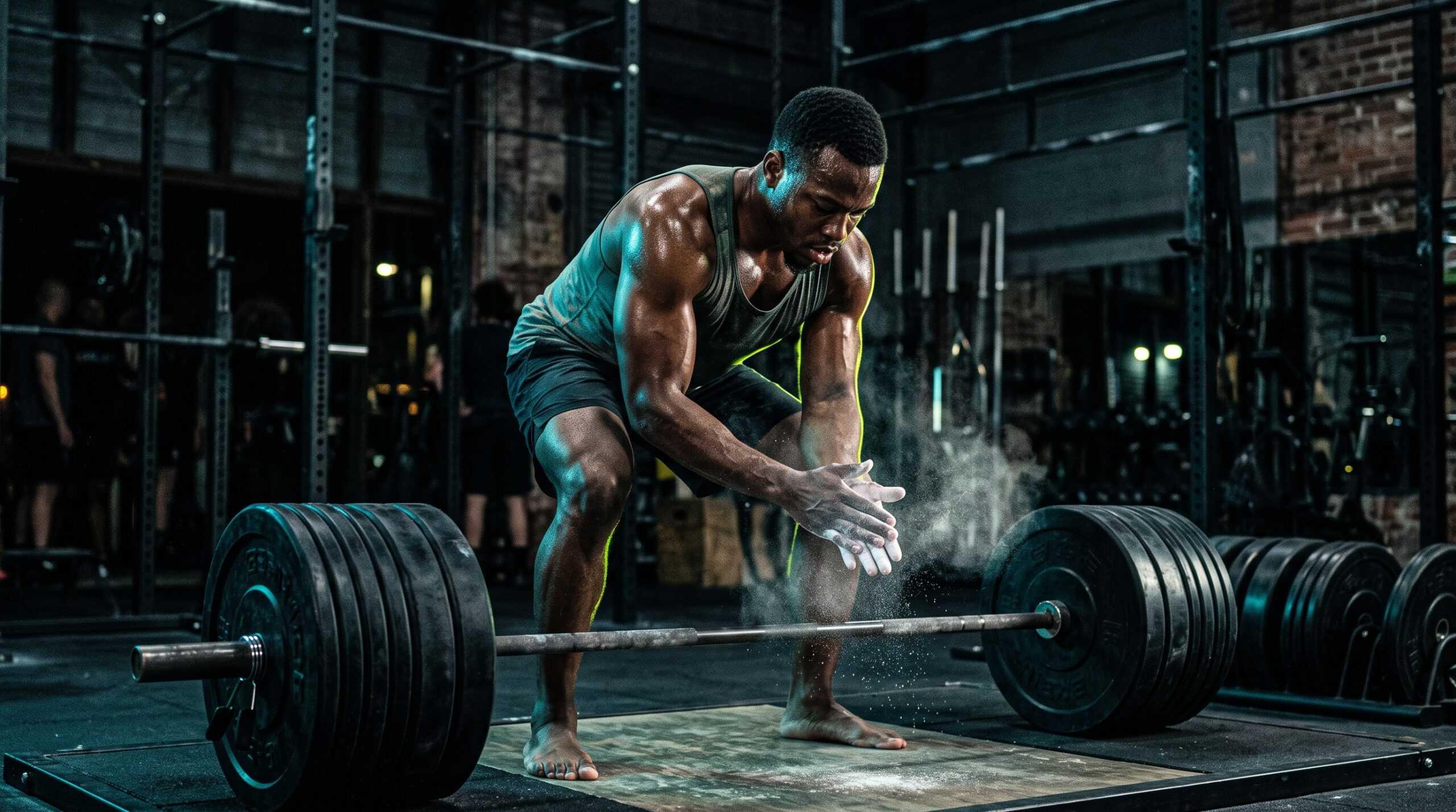 A lifter chalking their hands under teal and lime rim light before a loaded barbell