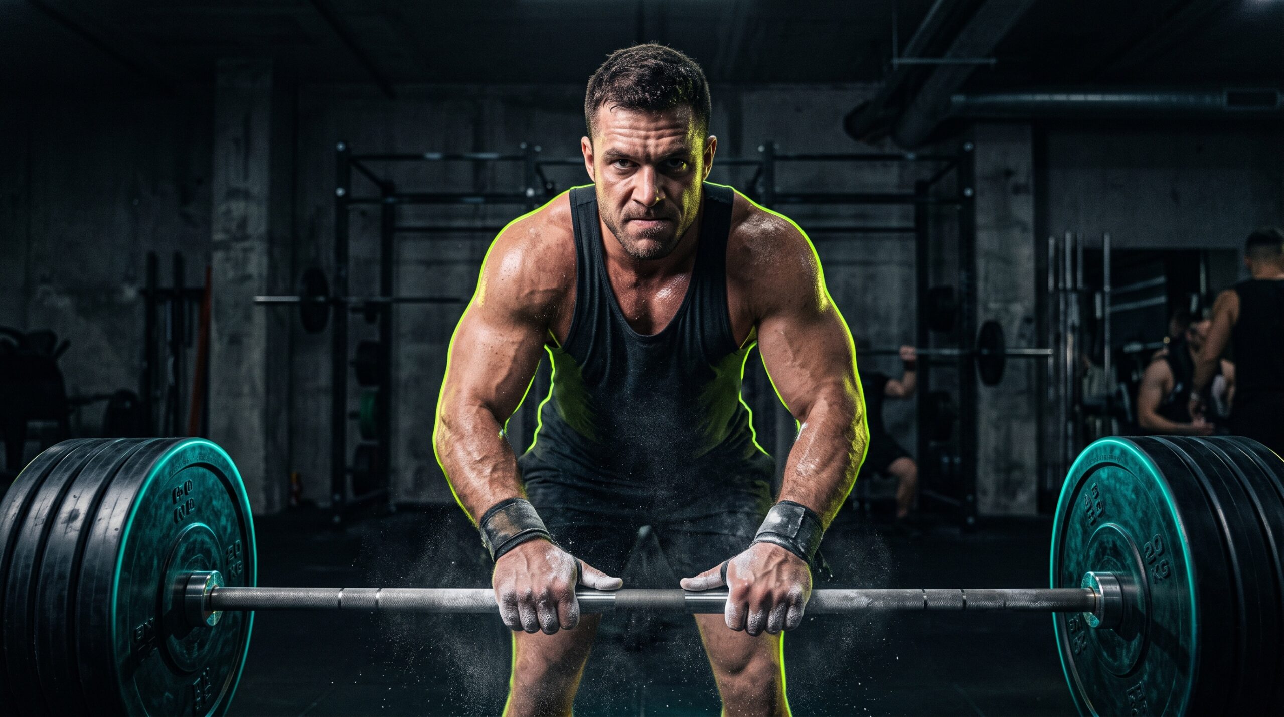 Focused lifter chalking hands and gripping a loaded barbell under teal and lime rim light