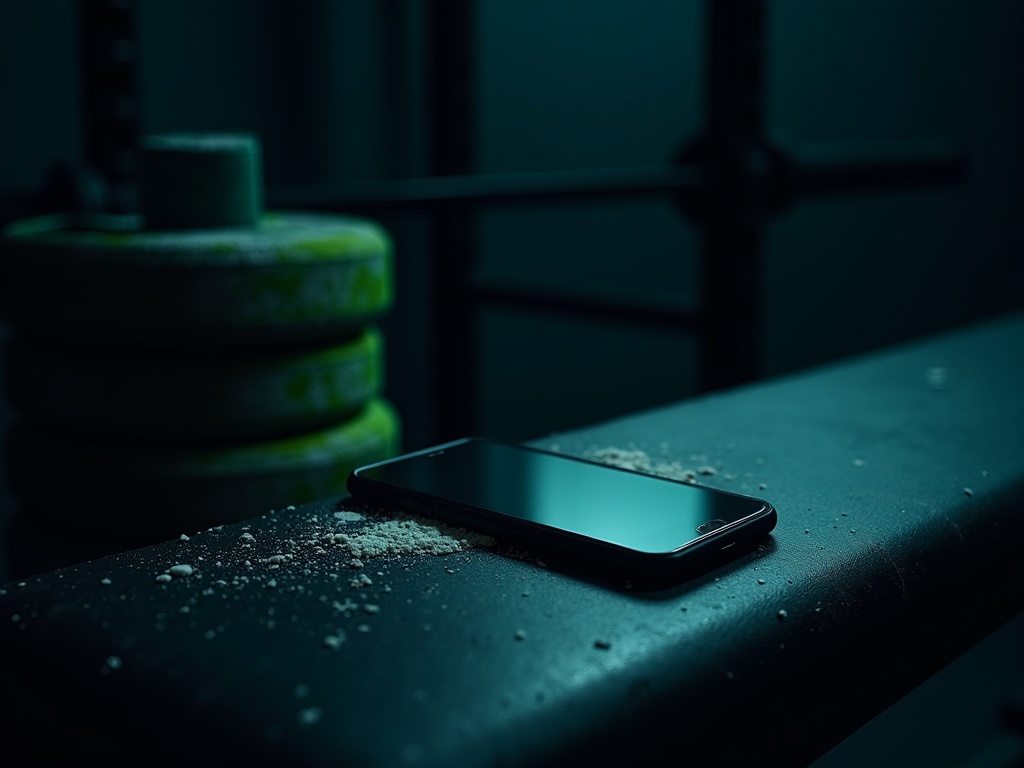 Smartphone face-down on a gym bench beside barbell plates and a lifting strap