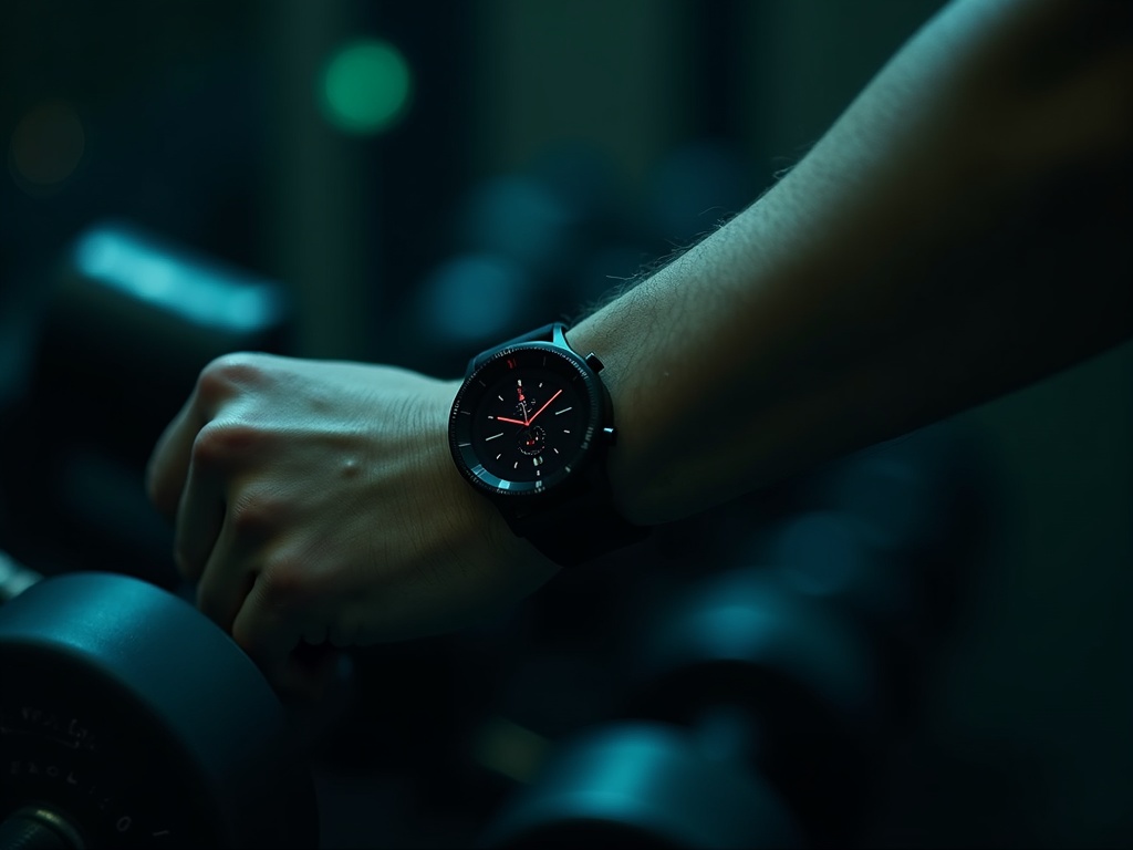 Athlete glancing at a simple sport watch between sets by a dumbbell rack