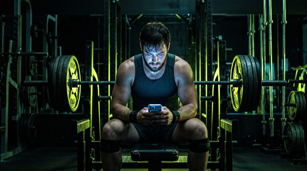 A lifter slumped on a bench between sets, face lit by a phone screen while the loaded barbell waits behind them