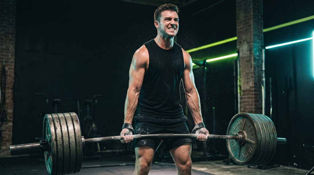 A lifter mid-deadlift under a loaded barbell lit by teal and lime rim light