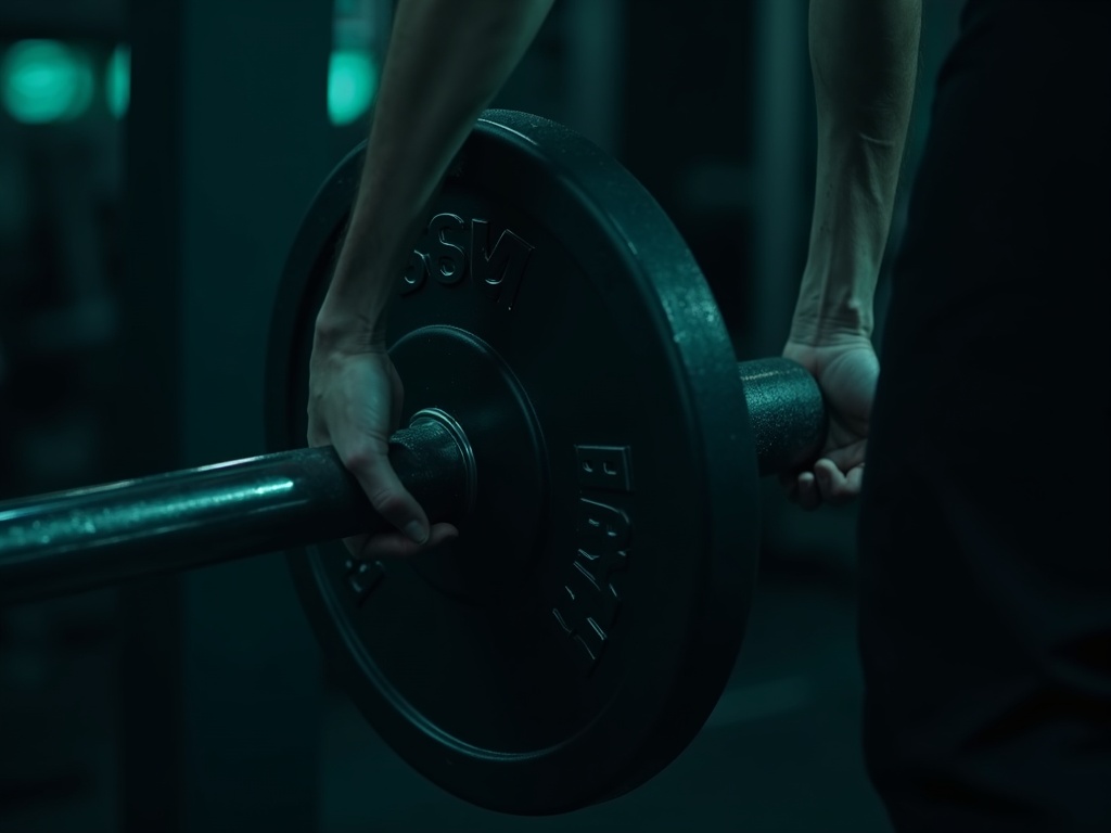 Hands loading a weight plate onto a barbell sleeve in a dark gym
