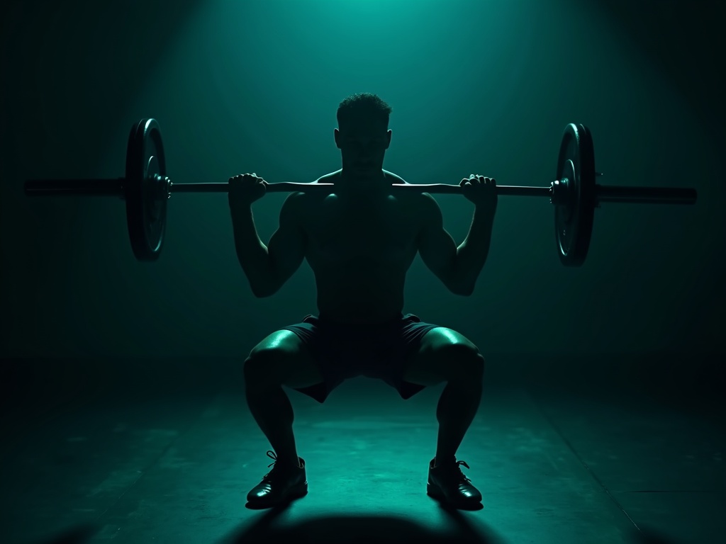 An athlete squatting deep with full range of motion under teal and lime light