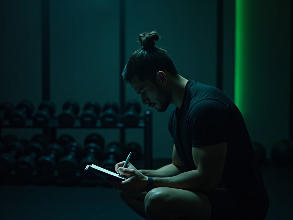 A lifter logging a set on a phone between exercises in a dark gym