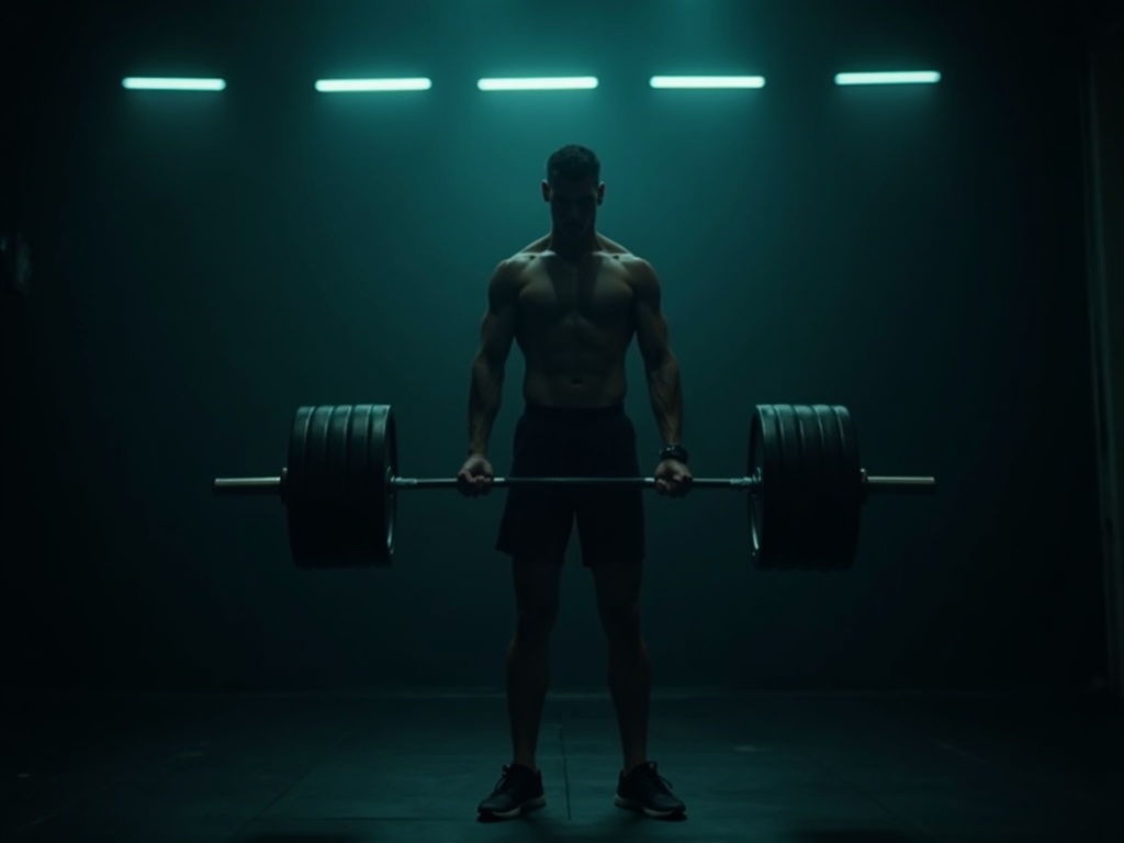 An athlete re-racking a barbell after a strong set, lit in teal and lime