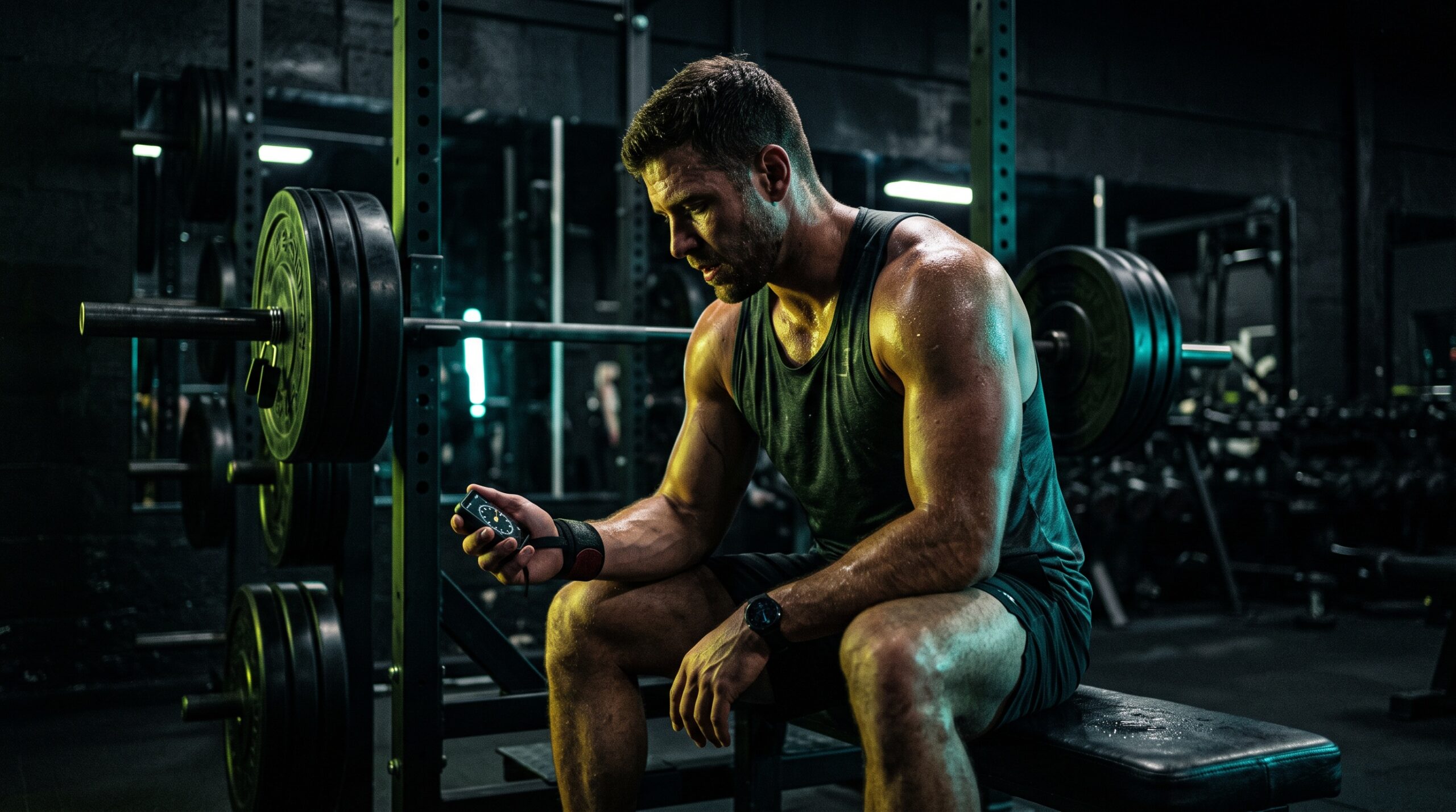 Lifter resting on a bench between sets checking a rest timer under lime and teal rim light