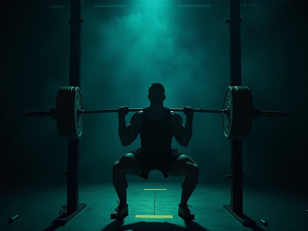 Athlete driving up from a heavy barbell squat under lime and teal rim light