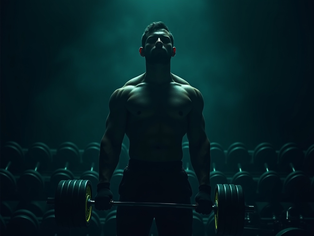 Focused lifter standing ready during a timed rest beside a dumbbell rack