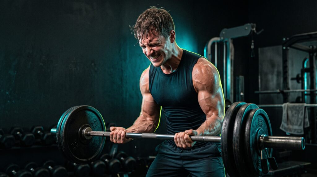 A lifter grinding out a hard final rep under dramatic teal and lime rim lighting in a dark gym