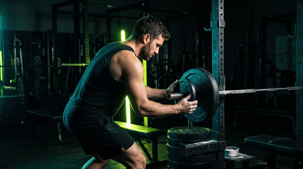A lifter loading light plates onto a barbell for the first warm-up set