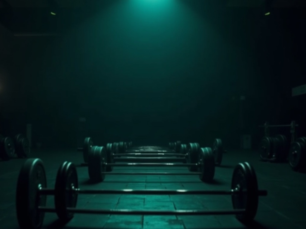 Barbells loaded progressively heavier from left to right, illustrating a warm-up ramp