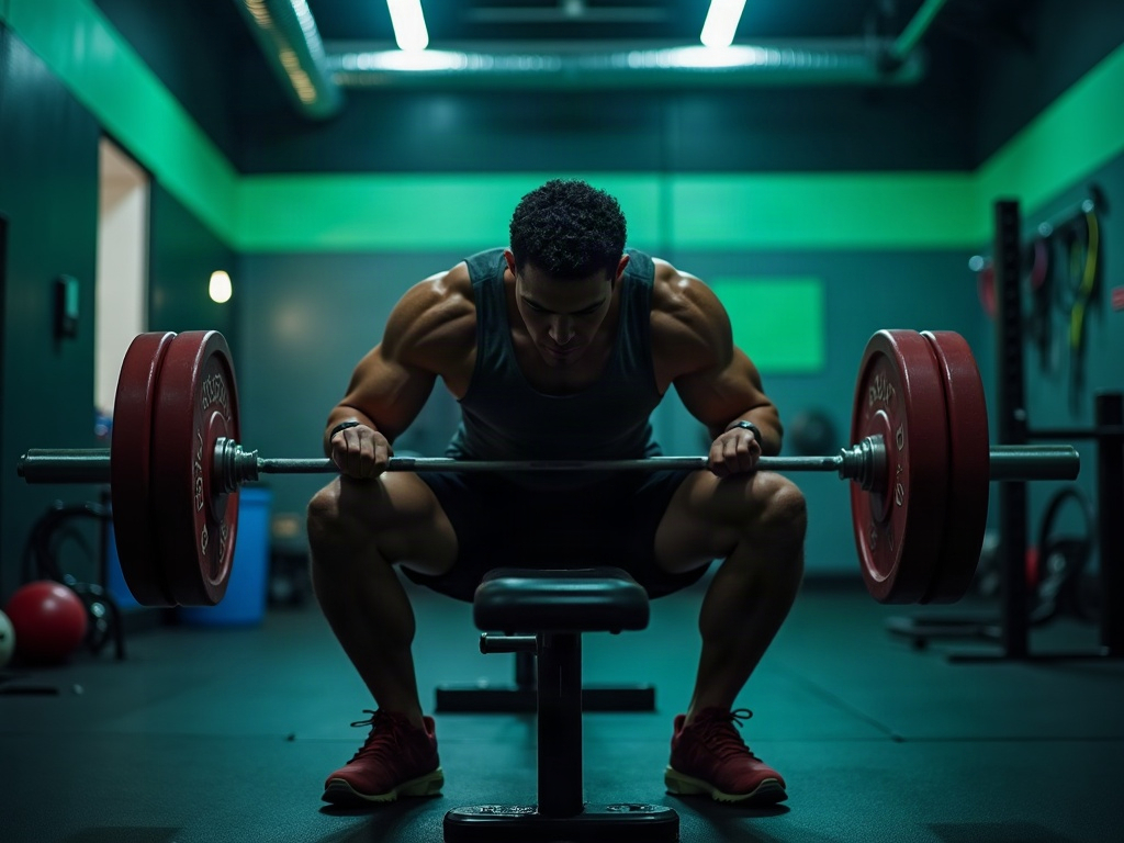 Focused lifter deadlifting while phone sits ignored on a bench