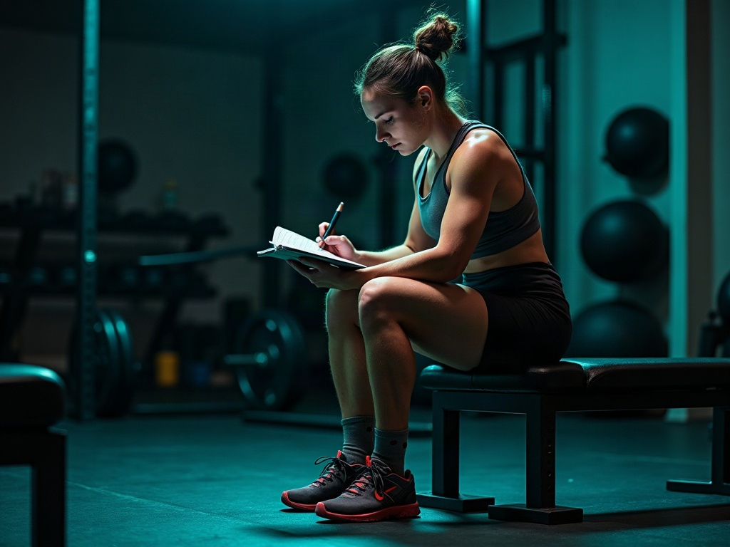 Athlete reviewing a training log between sets