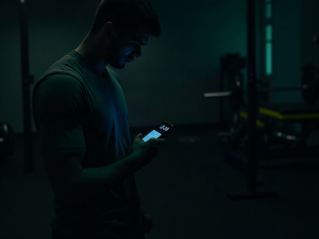 Lifter tracking their workout between sets in a dark gym