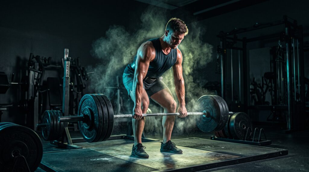 Lifter pushing through a heavy barbell set in a dark gym lit with teal and lime light