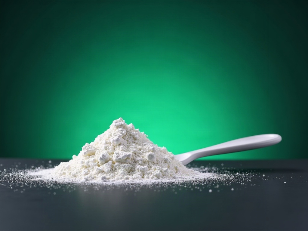 A single scoop of white creatine monohydrate powder on a dark surface