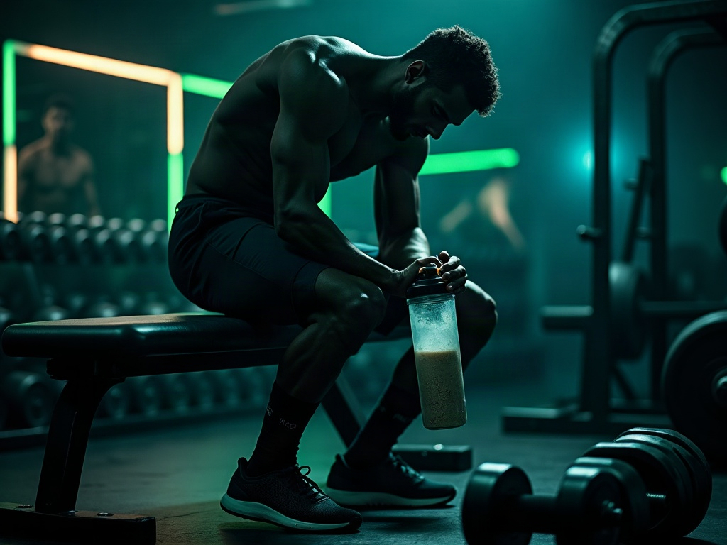 Athlete mixing a supplement in a shaker bottle on a gym bench