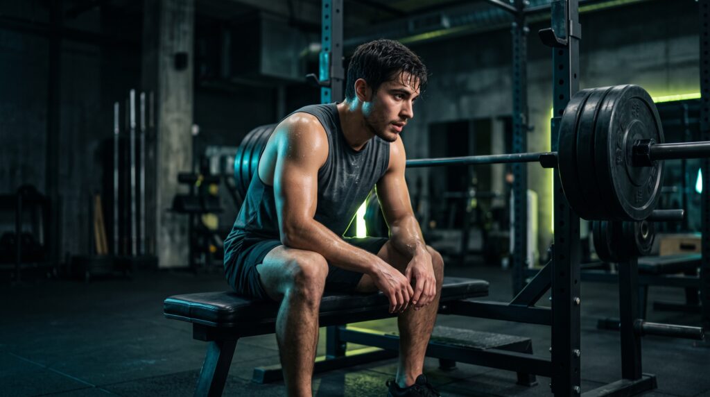 A lifter resting on a bench beside a loaded barbell