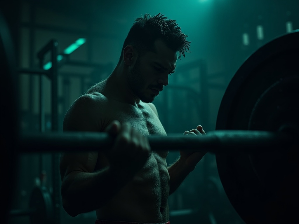 A visibly fatigued lifter straining under a barbell