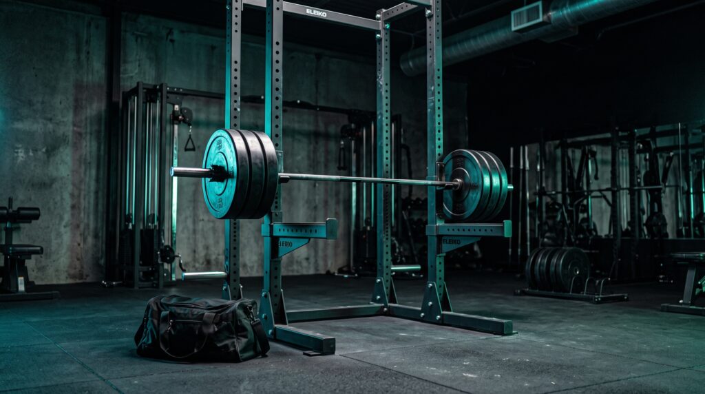 A loaded barbell sitting untouched in a dark gym under teal and lime lighting