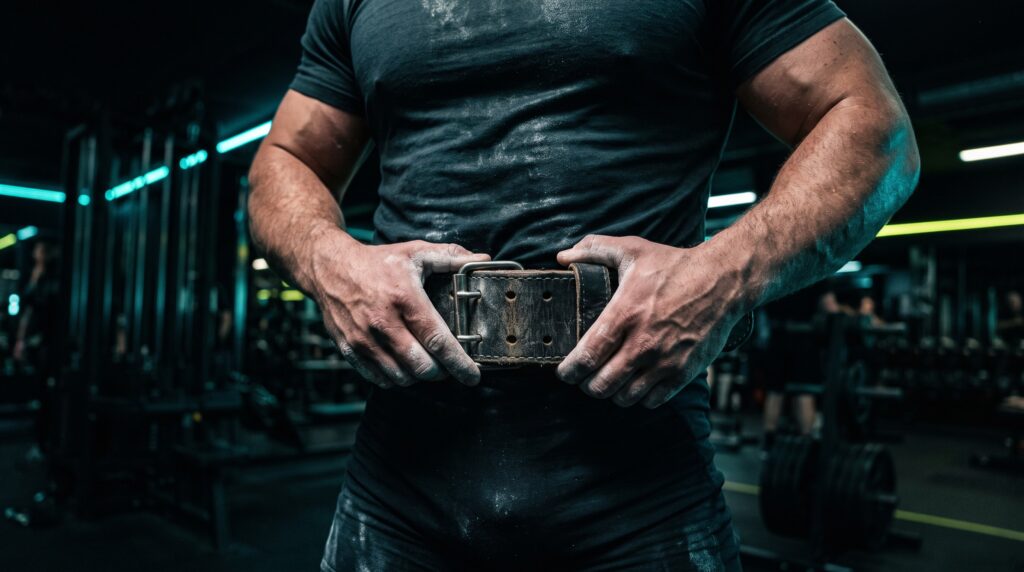 Lifter tightening a thick leather lifting belt before a heavy set