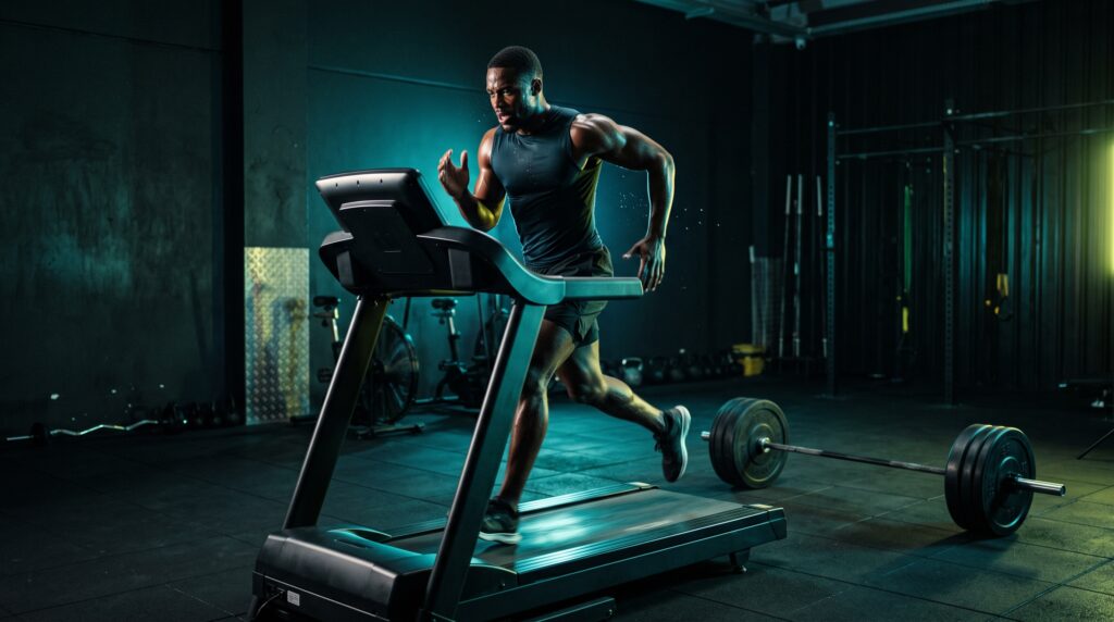 An athlete sprinting on a treadmill beside a loaded barbell in a dark gym