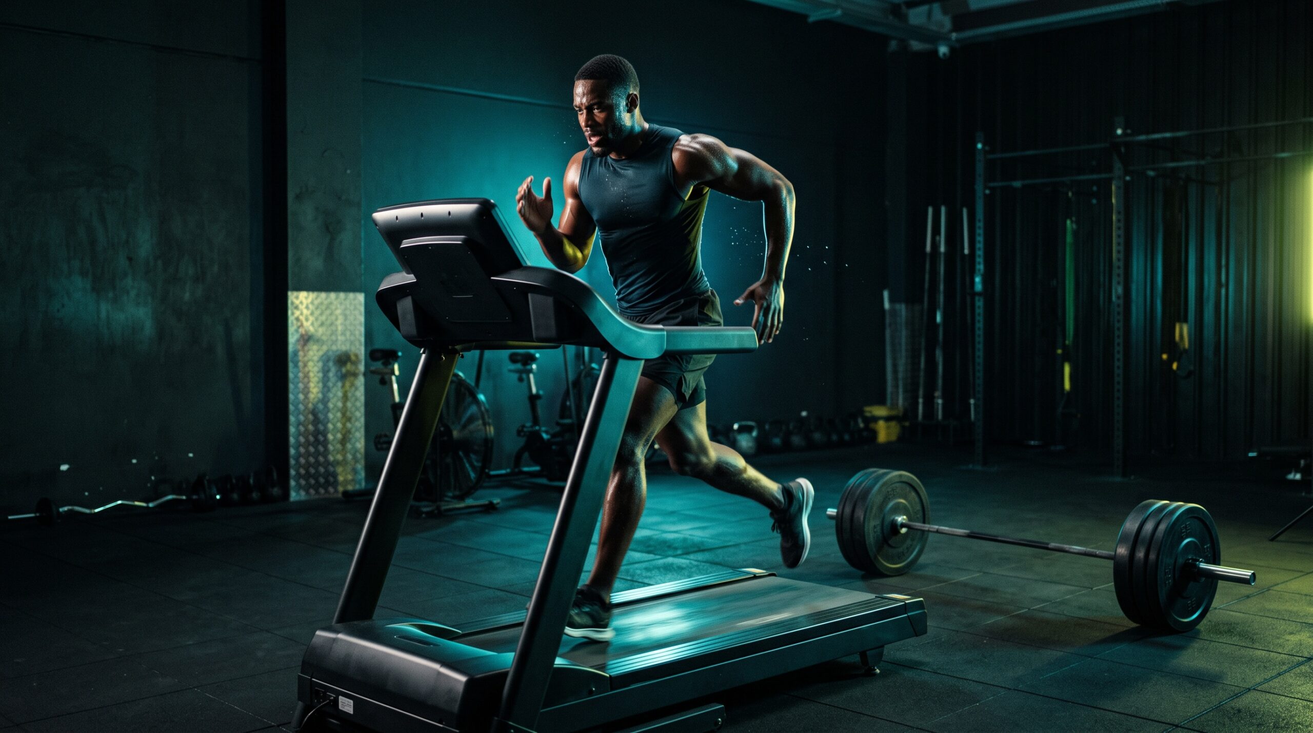 An athlete sprinting on a treadmill beside a loaded barbell in a dark gym