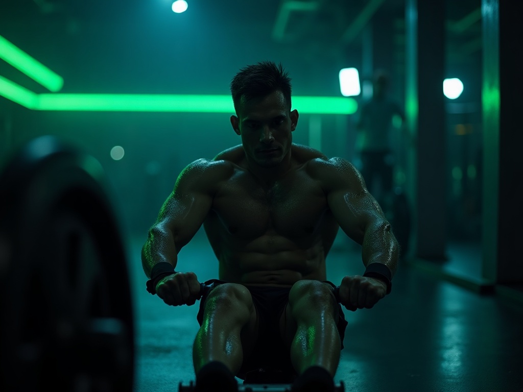 An athlete rowing hard on a rowing machine under dramatic gym lighting