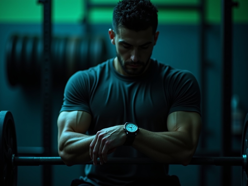 A lifter checking a timer between sets with a barbell in the background