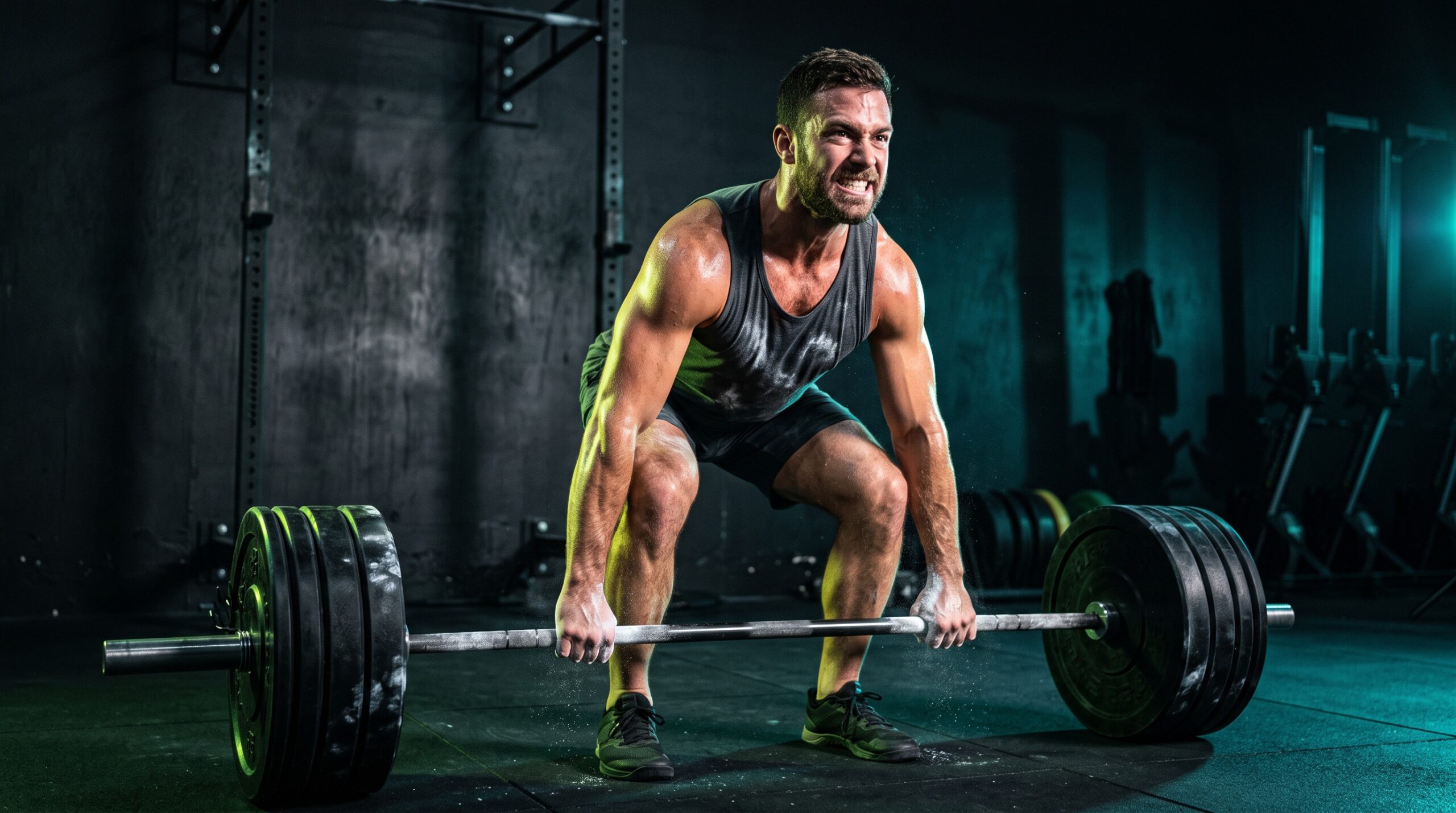 Lifter gripping a loaded barbell under dramatic lime and teal gym lighting