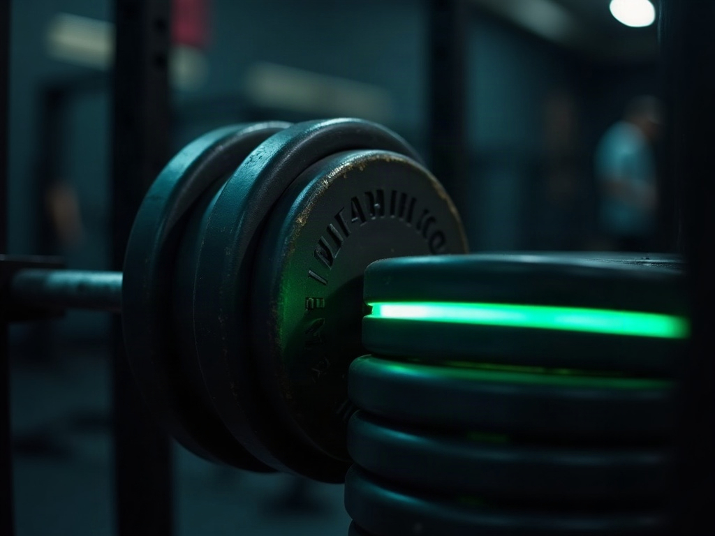 Weight plates on a barbell lit with teal and lime rim lighting