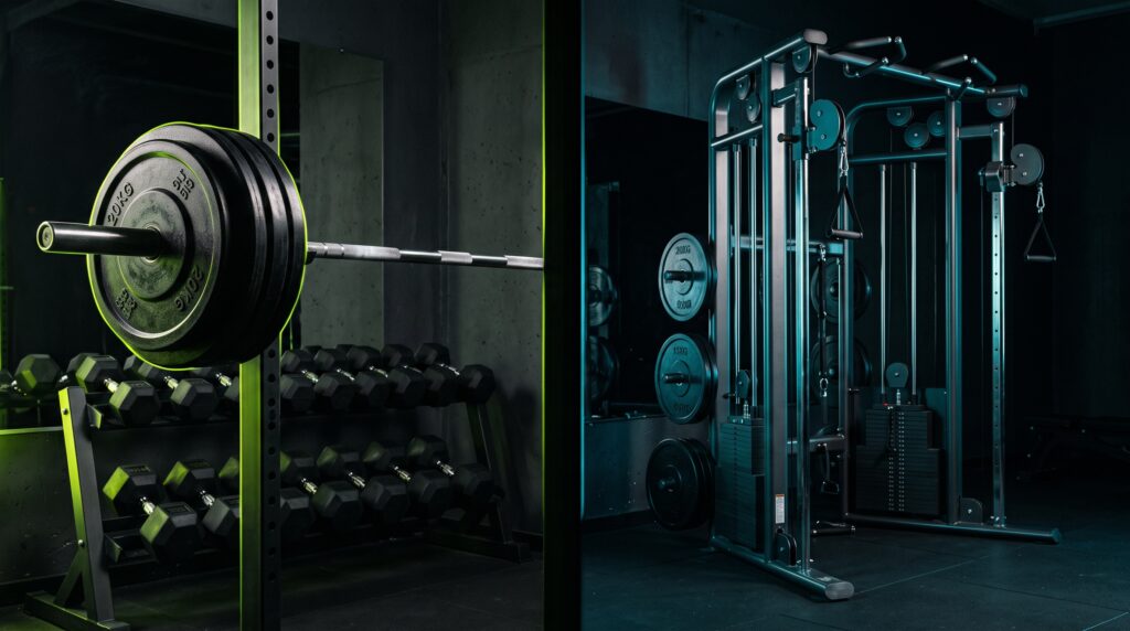A barbell and dumbbells lit in electric lime beside a resistance machine lit in teal on a dark background
