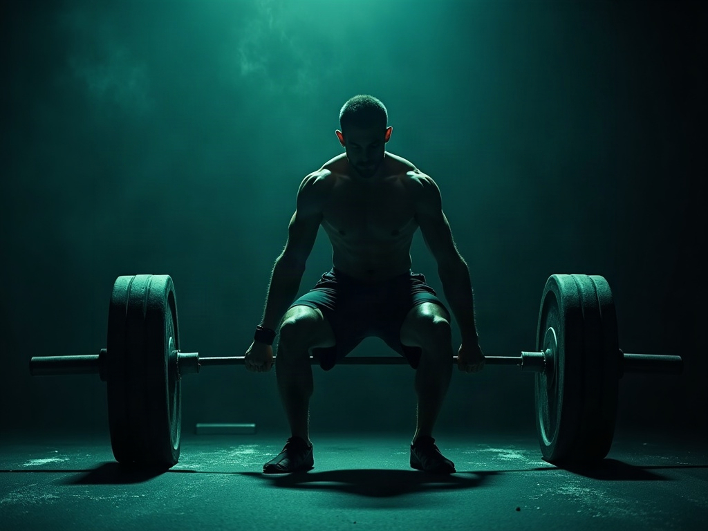 A lifter performing a barbell squat with full range of motion under dramatic rim lighting