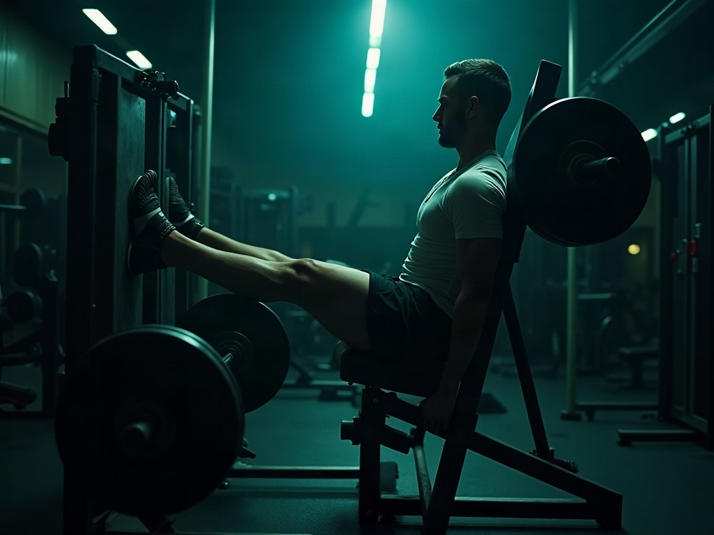 A lifter driving through a controlled rep on a plate-loaded machine along its fixed path