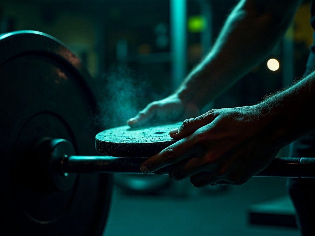 Hands loading a small plate onto a barbell in dramatic gym lighting