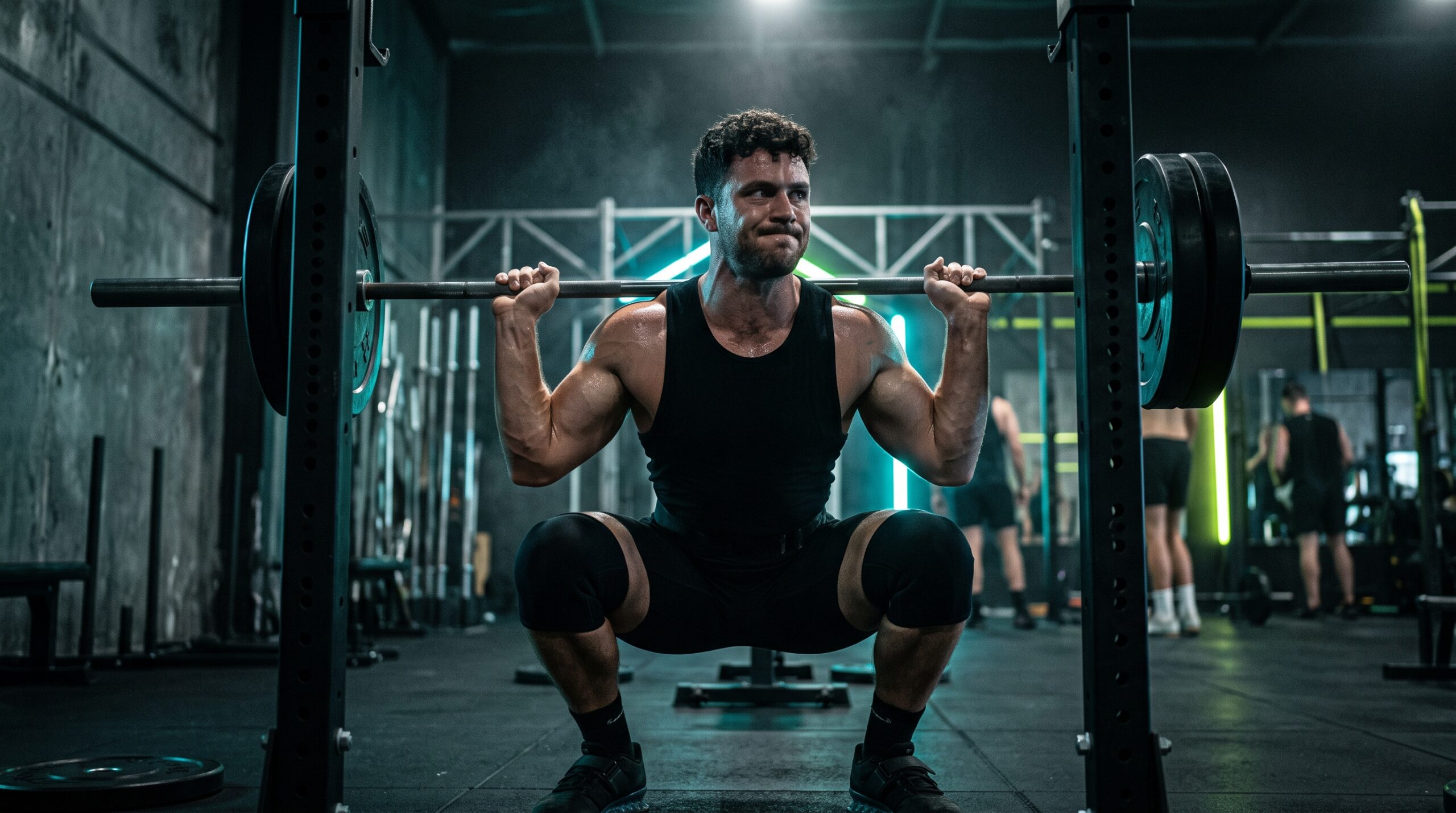 An athlete at the bottom of a deep full-range squat under dramatic rim lighting