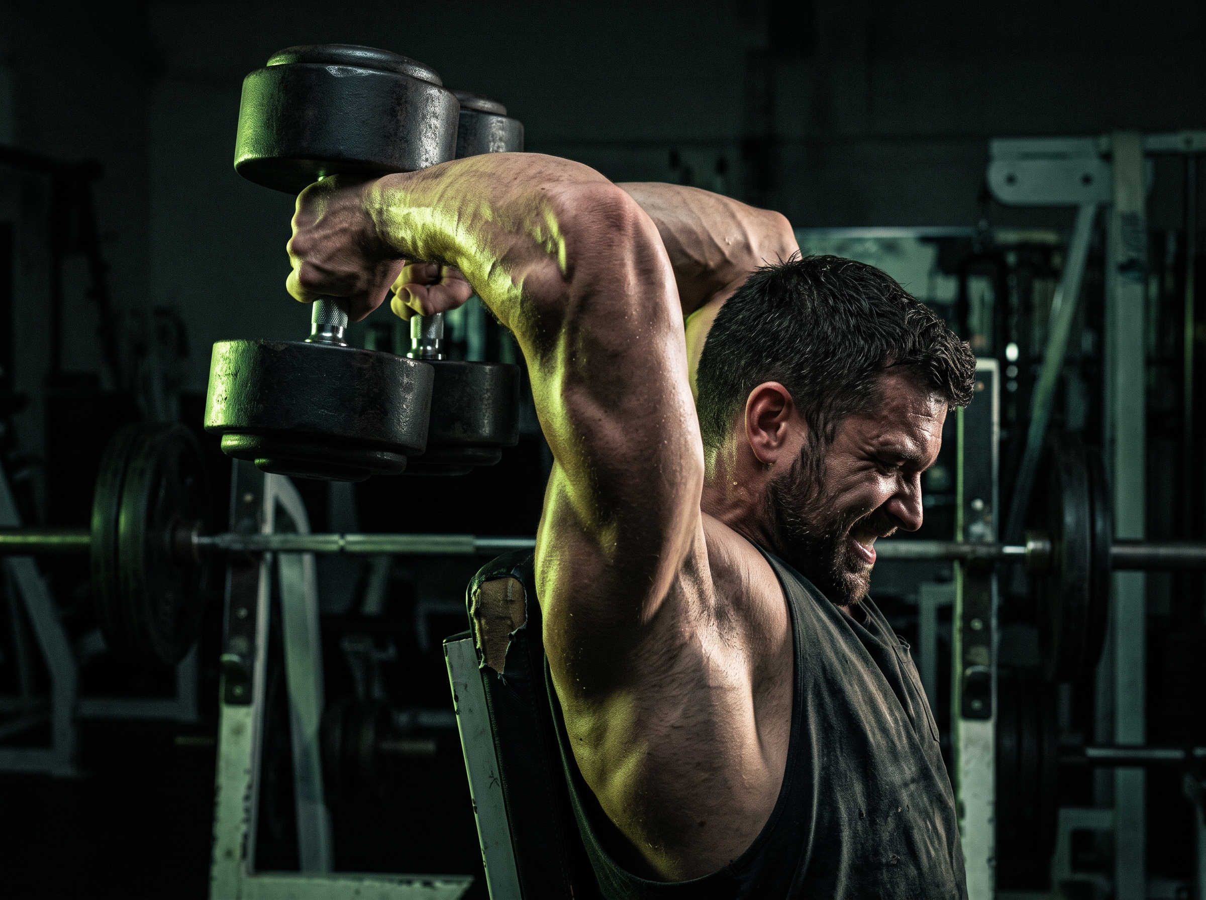 A lifter's arm loaded in the deep stretched position of an exercise