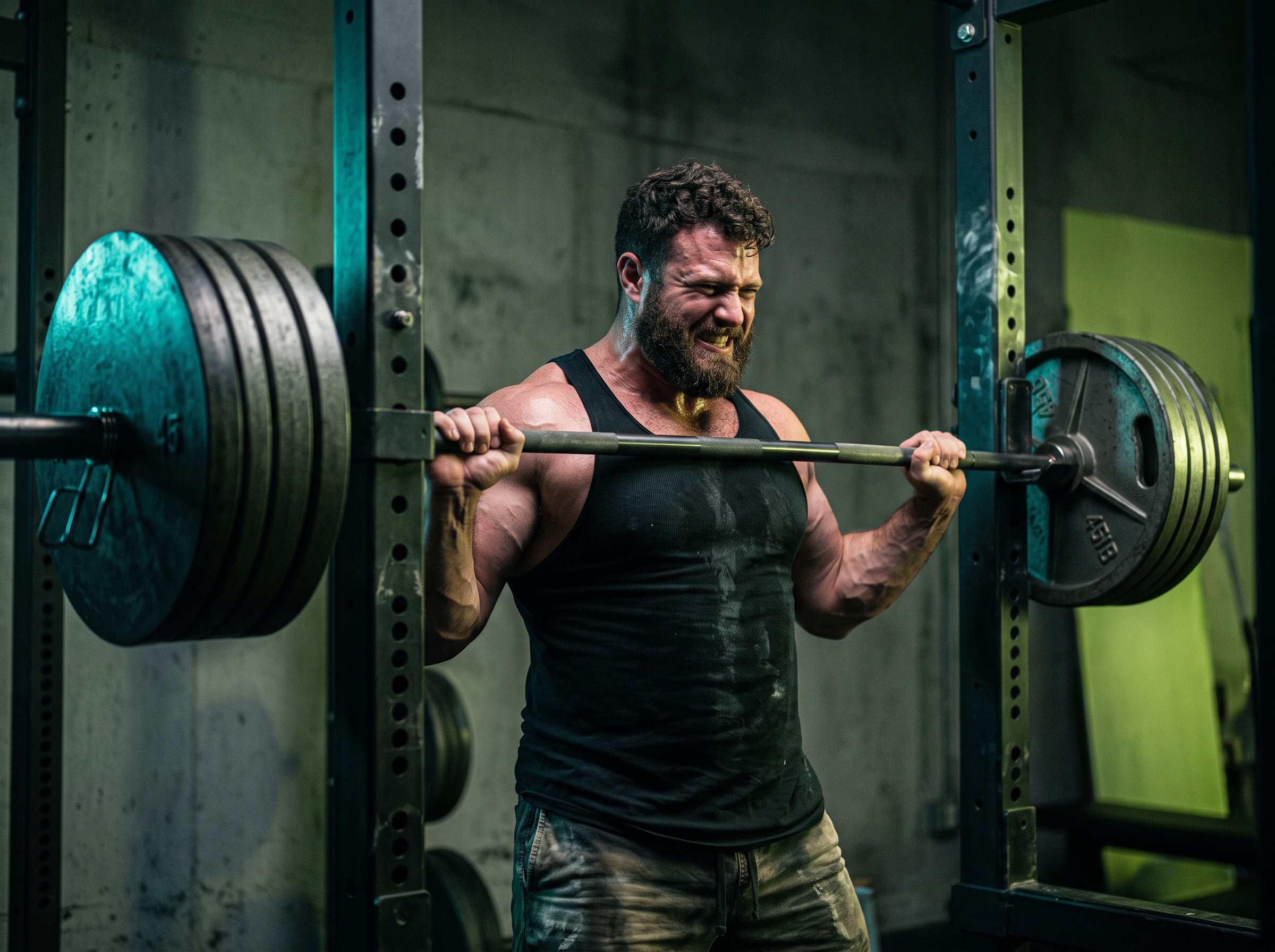 A lifter grinding a heavy partial rep near lockout in a power rack