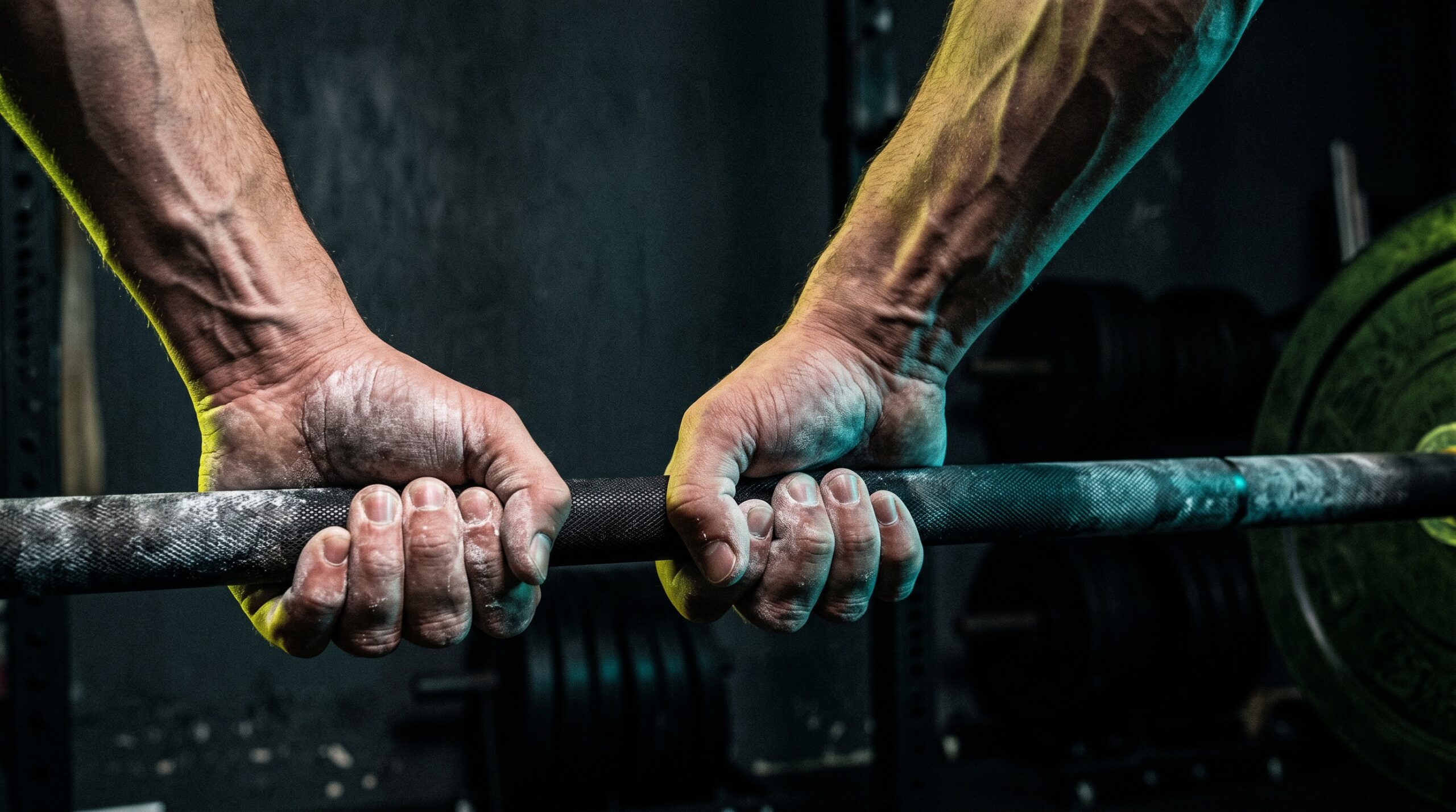 Chalked hands gripping a barbell under tension