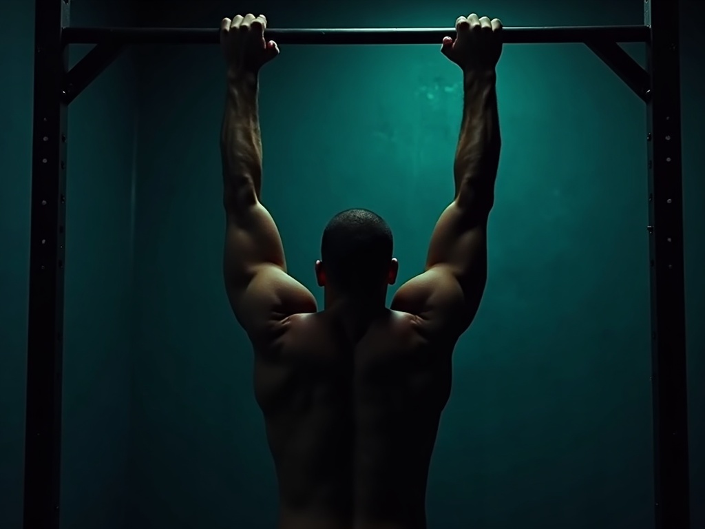 Athlete in a dead hang from a pull-up bar