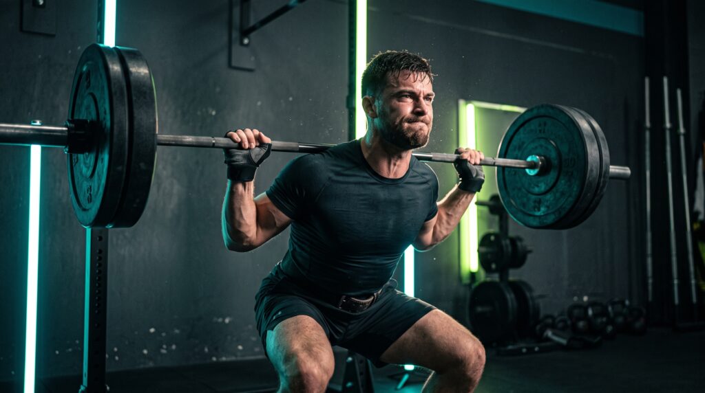 A lifter locked into a working set with total focus in a dark gym