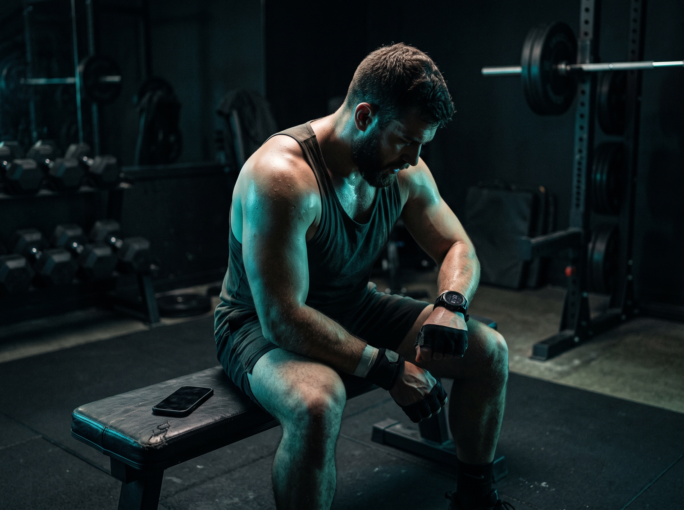 A lifter checking a timer between sets instead of a phone