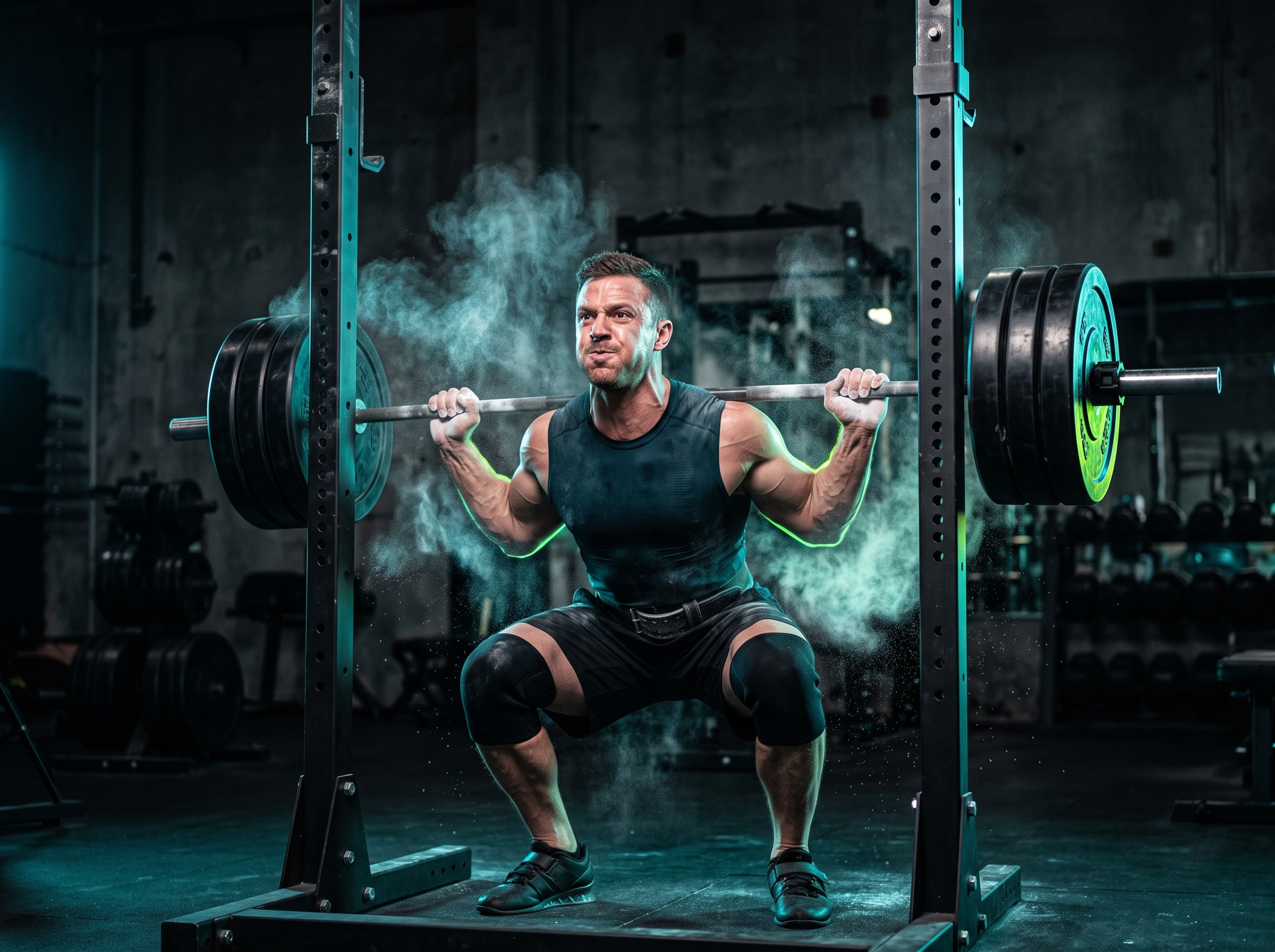 An athlete driving out of a heavy barbell squat