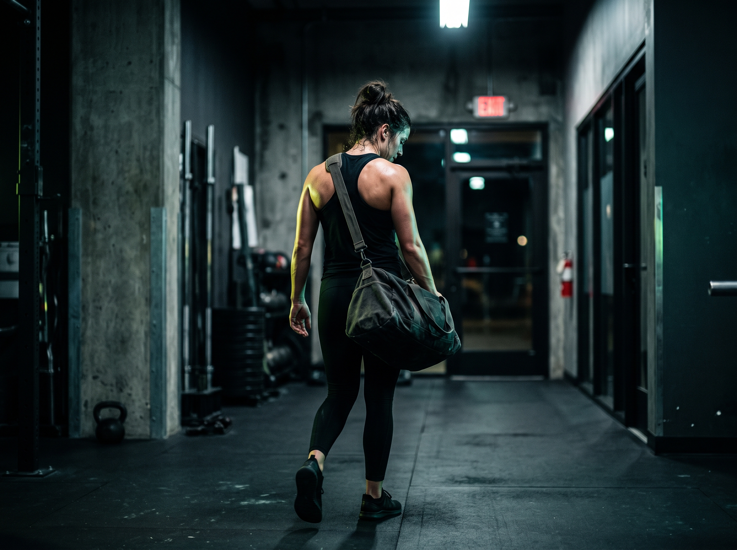A lifter leaving the gym after a short, hard session