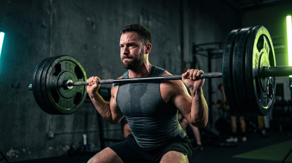 Focused lifter mid-set on a loaded barbell