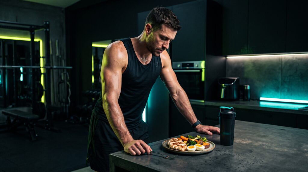 An athlete with a plate of high-protein food and a shaker under lime and teal light