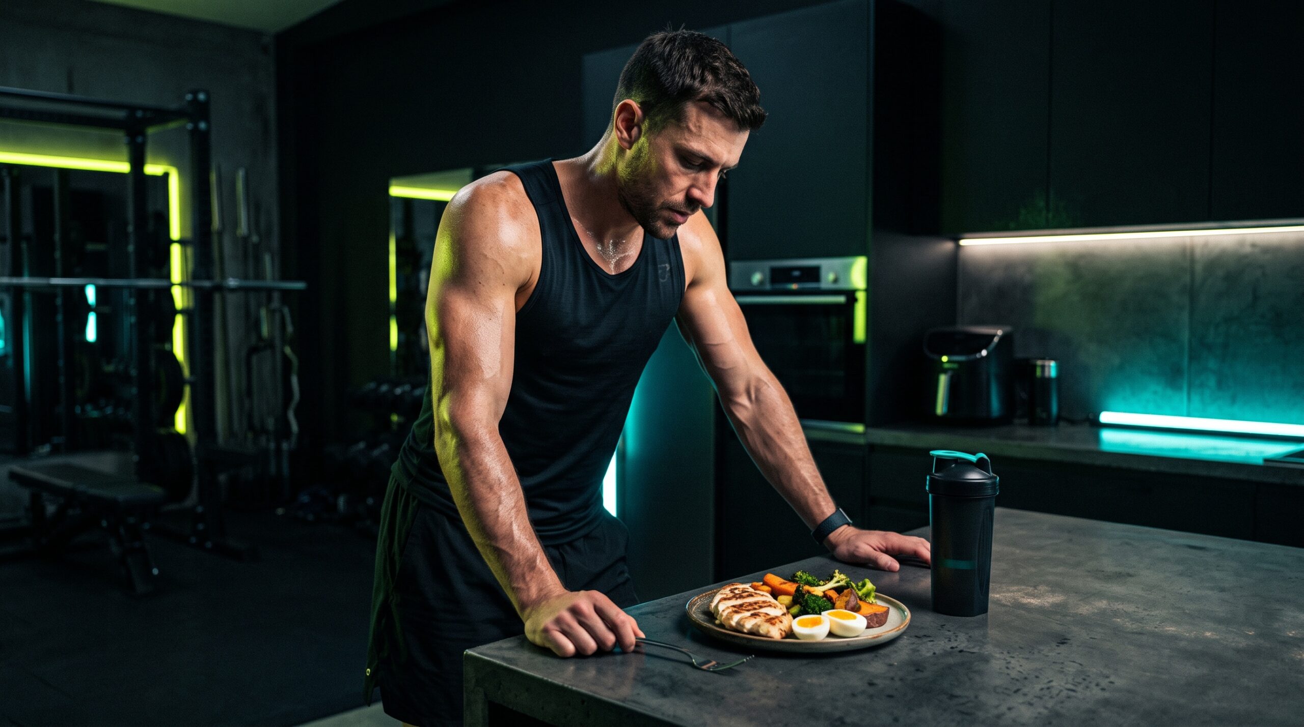 An athlete with a plate of high-protein food and a shaker under lime and teal light