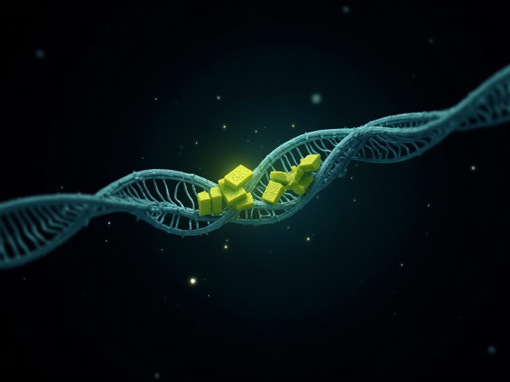 Illustration of a muscle fiber rebuilding with glowing lime and teal building blocks